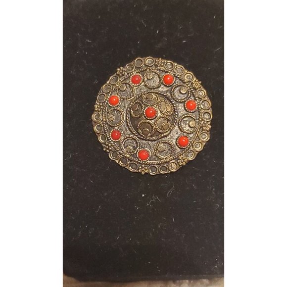 Sterling Silver Red Coral Brooch - Picture 1 of 6